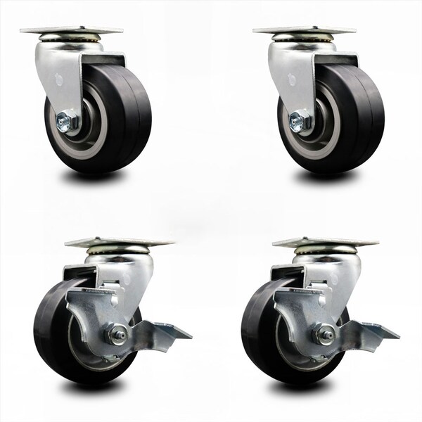4 Inch Rubber on Aluminum Swivel Caster Set with Ball Bearings 2 Brakes